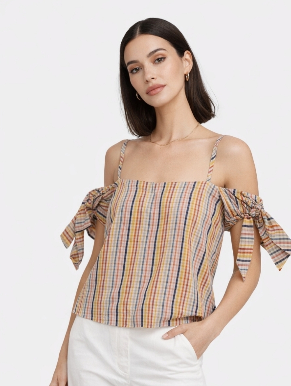 ASOS Multicolor Striped Off-Shoulder Crop Top with Tie Sleeves